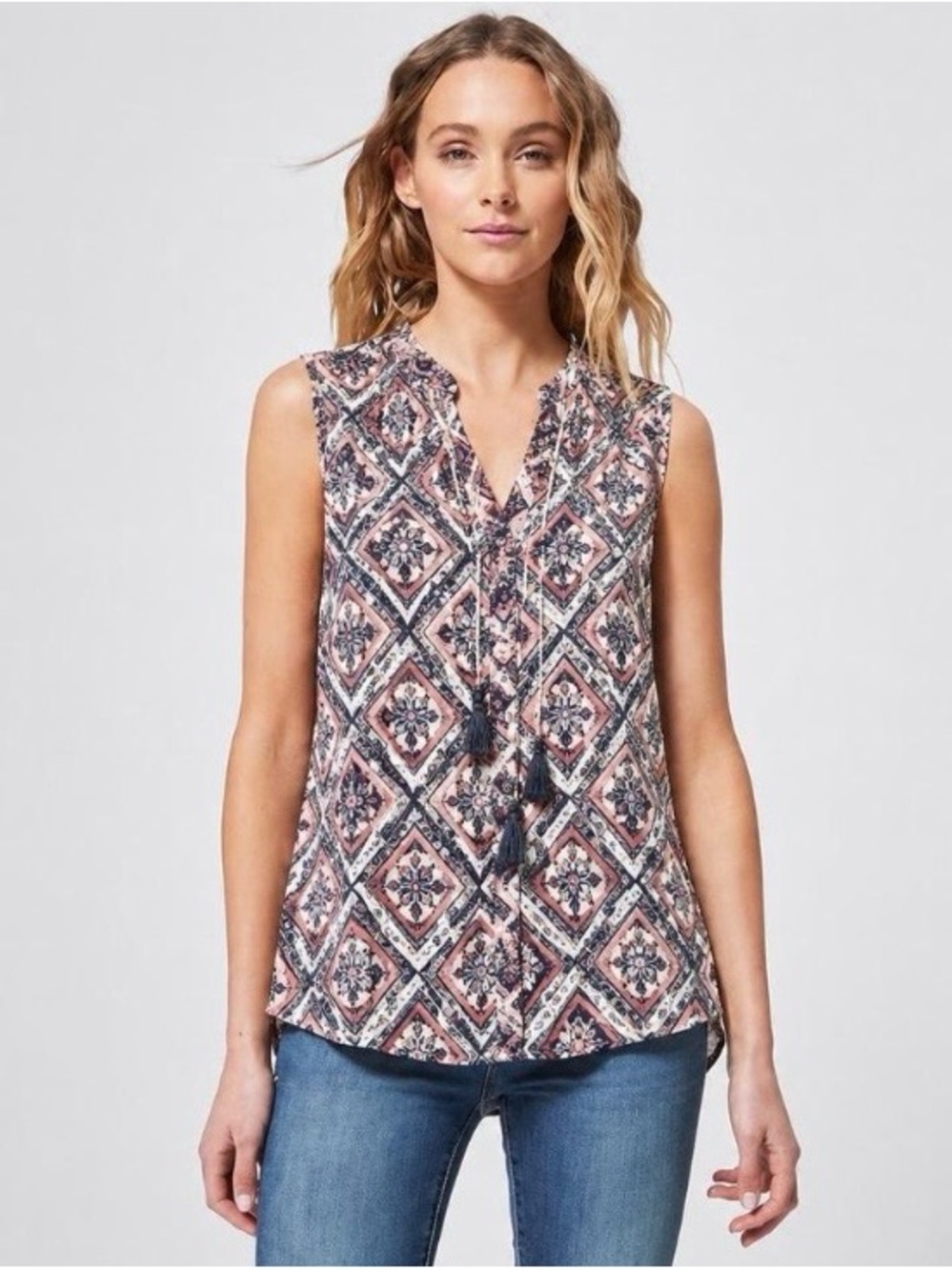 Rewind Sleeveless Tank Top Blouse Paisley Floral V-Tie-neck Pullover Boho